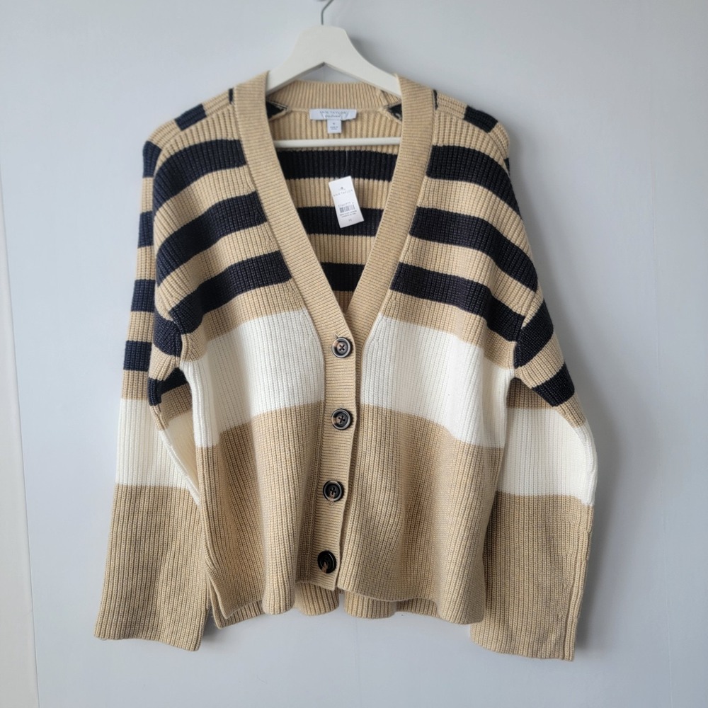 Ann Taylor Weekend women's Striped Cardigan size M button up v-neck
